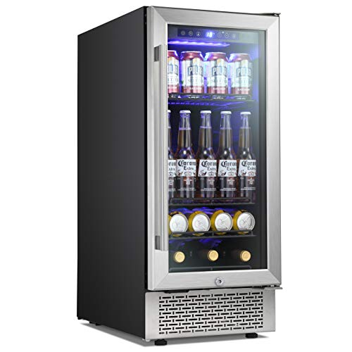 Antarctic Star 15 Inch Beverage Refrigerator Under Counter Built-in Wine Cooler Mini Fridge Clear Glass Door Digital Memory Temperature Control, Beer Soda LED Light, Quiet Operation (15 Inch)