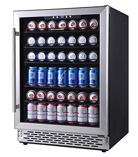 Phiestina Beverage Refrigerator 175 Cans Under Counter Beer Cooler 24 inch Quiet Built-in or Freestanding Beverage Fridge Glass Door Auto Defrost 5 Removable Shelves for Home Bar Office